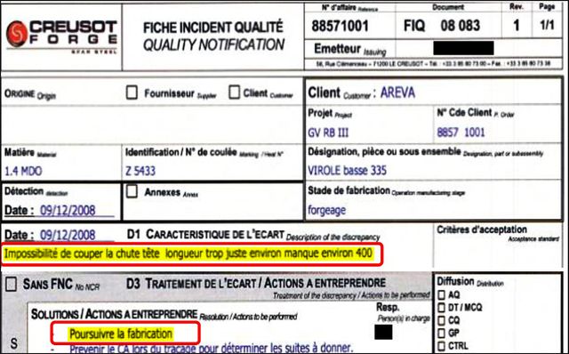 "Fiche Incident Qualité" de la centrale de Fessenheim