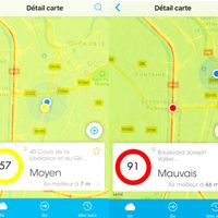 Captures d'écran d'Air to go, une application mobile mesurant la qualité de l'air à Grenoble (pas encore disponible sur Androïd)