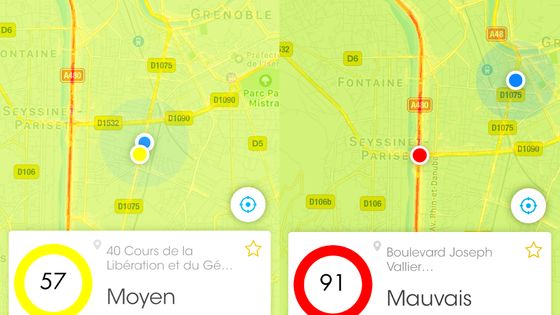 Captures d'écran d'Air to go, une application mobile mesurant la qualité de l'air à Grenoble (pas encore disponible sur Androïd) ©Radio France