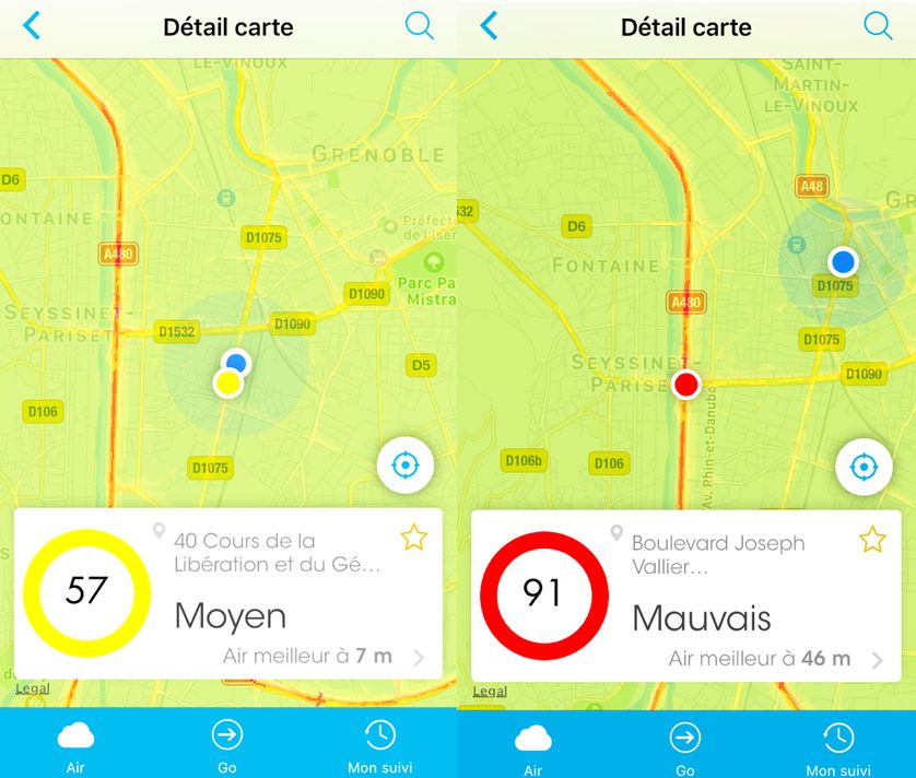 Captures d'écran d'Air to go, une application mobile mesurant la qualité de l'air à Grenoble (pas encore disponible sur Androïd)