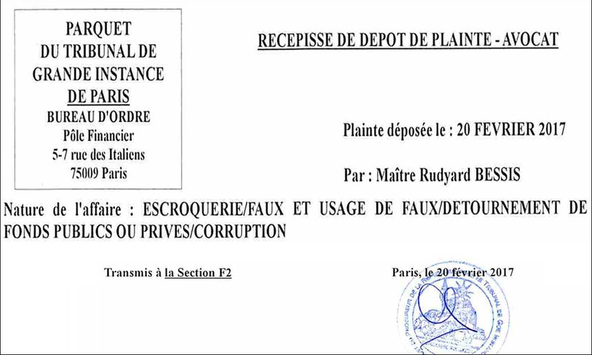 Récepissé de dépôt de plainte par Maître Rudyard Bessis