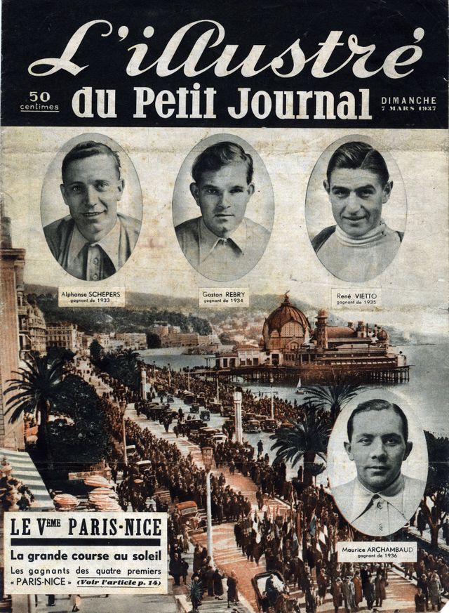 Cinquième course cycliste "Paris-Nice" avec les portraits d'Alphonse Schepers, Gaston Rebry, Rene Vietto, Maurice Archambaud