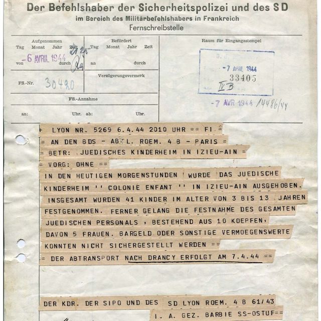 Le télégramme signé par Klaus Barbie, envoyé après la rafle des 44 enfants d’Izieu et conservé au Mémorial de la Shoah