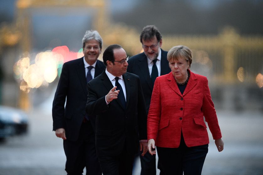 Paolo Gentiloni, François Hollande, Mariano Rajoy et Angela Merkel à Versailles le 6 mars 2017
