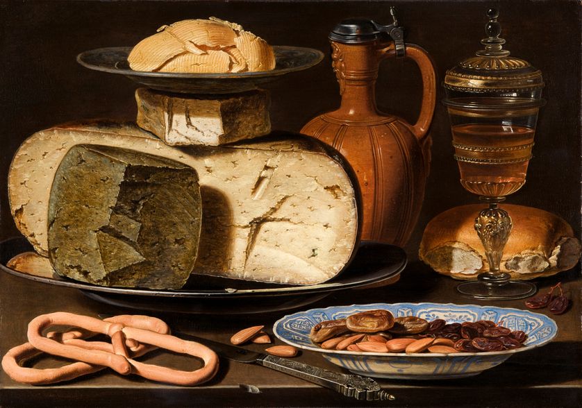 Nature morte aux fromages, amandes et bretzels, vers 1615