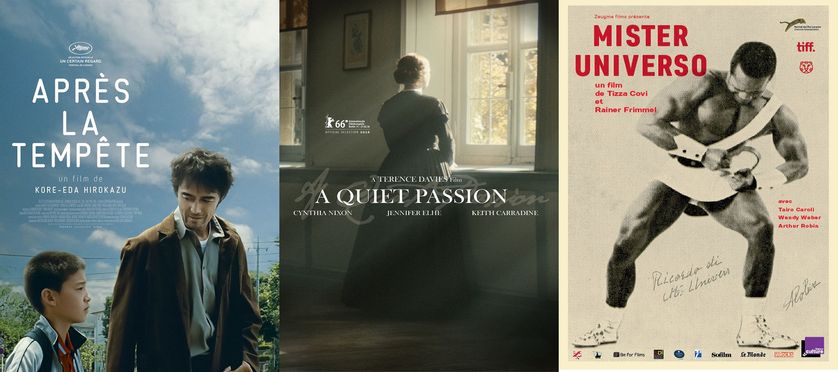 affiches films "Après la tempête", "Emily Dickinson" et "Mister Universo"