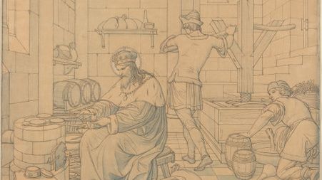 Saint Wenzel cuisine pour les invités pendant que deux jeunes gens pressent le vin - Edward Jakob von Steinle - 1866 - National Gallery of Art