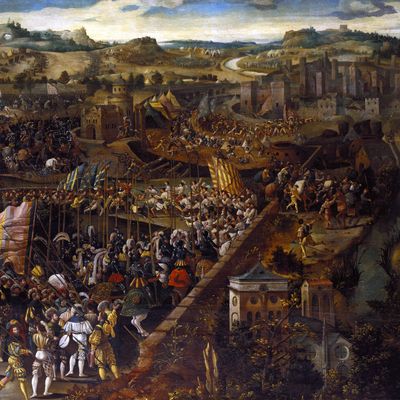 La bataille de Pavie, huile sur bois, XVIe siècle