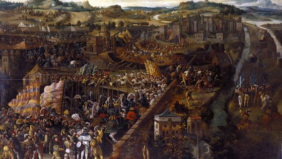 La bataille de Pavie, huile sur bois, XVIe siècle - Anonyme Flamand