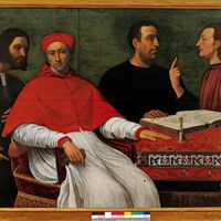 Cesar Borgia en discussion avec Machiavel (à droite habillé en rouge) devant le cardinal Pedro Loys Borgia et le secretaire Don Micheletto Corella. Auteur inconnu, peinture du XVIeme siecle