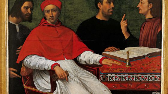 Cesar Borgia en discussion avec Machiavel (à droite habillé en rouge) devant le cardinal Pedro Loys Borgia et le secretaire Don Micheletto Corella. Auteur inconnu, peinture du XVIeme siecle ©AFP - Electa/Leemage
