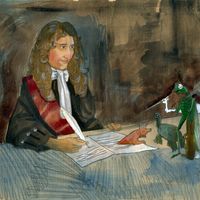 L' écrivain Jean de la Fontaine face à ses personnages peuplant ses fables.