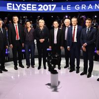 Dix des onze candidats à l'élection présidentielle avant le début du débat le 4 avril 2017. Philippe Poutou avait refusé de figurer sur la photo commune.