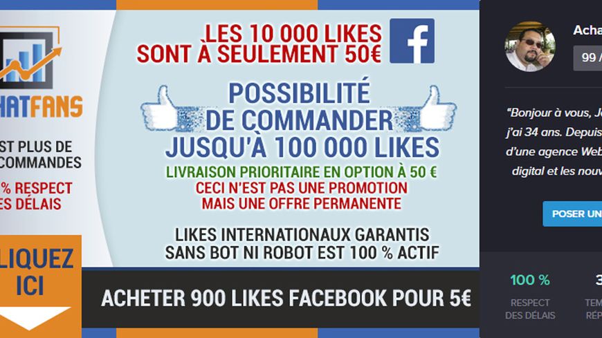 Publicité pour AchatFans sur la plateforme 5euros.com, capture d'écran faite le 13/04/2017