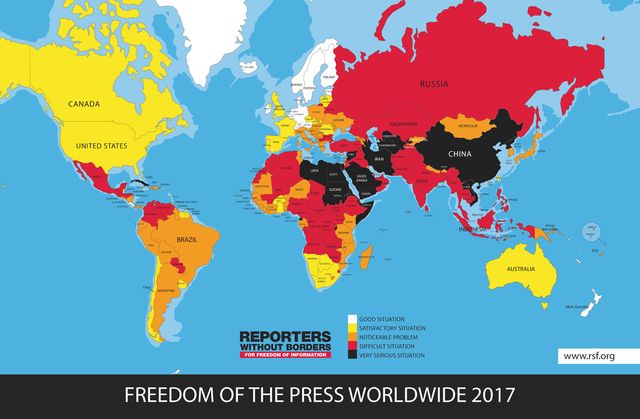 La carte de la liberté de la presse de RSF en 2016
