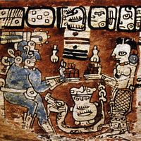Représentation maya des deux dieux Chac et IxChel échangeant du cacao