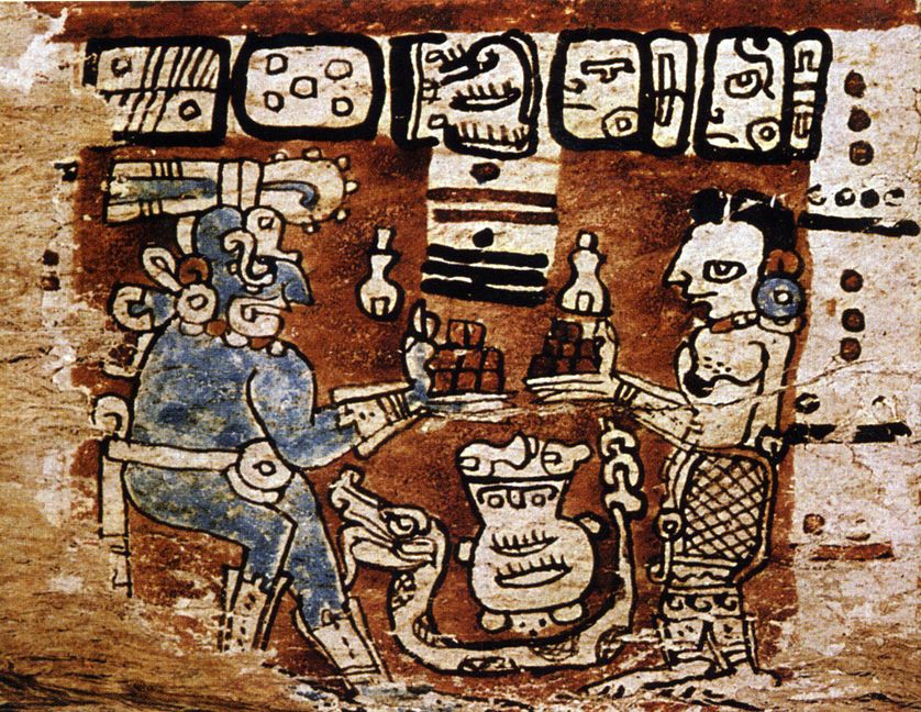 Représentation maya des deux dieux Chac et IxChel échangeant du cacao