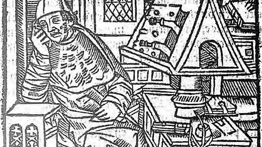 Gravure représentant Chrétien de Troyes à sa table de travail (1530)