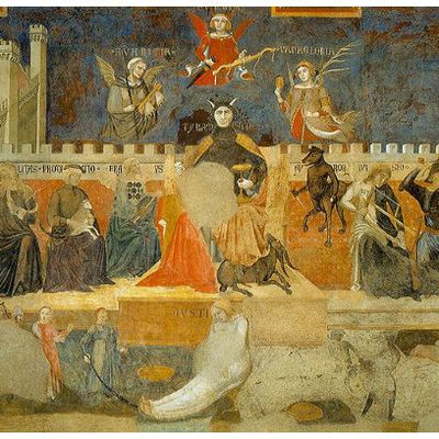 Détails de la fresque de Ambrogio Lorenzetti, "Les effets du bon gouvernement" (à gauche) et du "mauvais gouvernement" (à droite - le tyran étant représenté en monstre), Palazzo Pubblico de Sienne, 1338-1339.