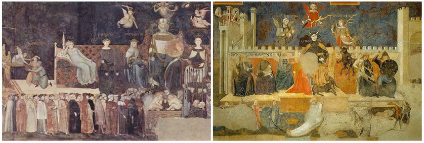Détails de la fresque de Ambrogio Lorenzetti, "Les effets du bon gouvernement" (à gauche) et du "mauvais gouvernement" (à droite - le tyran étant représenté en monstre), Palazzo Pubblico de Sienne, 1338-1339.