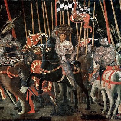La contre-attaque décisive de Micheletto Attendolo da Cotignola, (~1456) détrempe sur bois de 3,17 × 1,82 m (musée du Louvre, Paris)