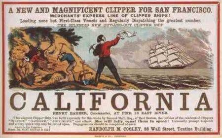 « Un nouveau superbe clipper partant pour San Francisco », publicité pour le voyage vers la Californie publiée à New York dans les années 1850.