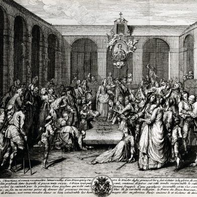 Les convulsionnaires de Saint-Médard (ou convulsionnaires jansenistes) au 18eme siècle - Autour de la tombe du diacre François de Paris, dans le cimetière de l'église Saint-Médard, gravure, 1732