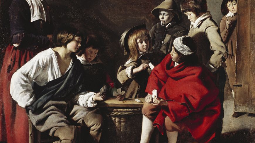 Louis Le Nain, Les Joueurs de cartes, signé en bas à gauche : « Lenain.fecit. », vers 1635-1638, huile sur toile, H. 0,55 ; L. 0,642, Londres, Royal Collection Trust, Her Majesty Queen Elizabeth II, RCIN 405944, Royal Collection Trust