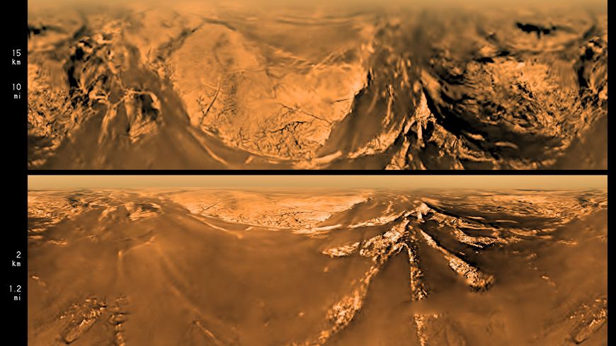 Des vues aériennes de Titan prises par la sonde Huygens lors de sa descente, le 14 janvier 2005.