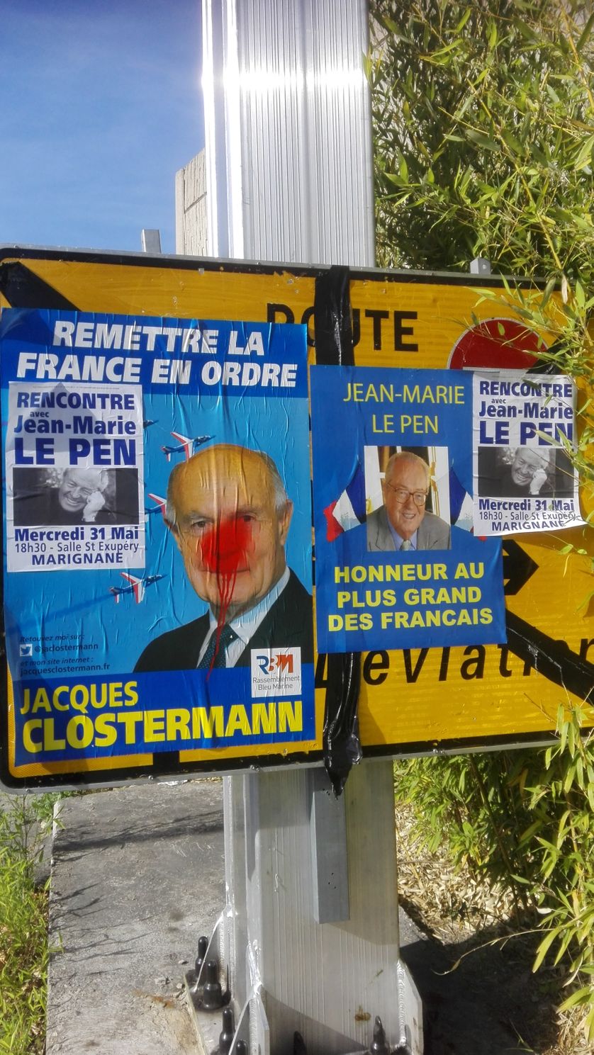 Affiches du candidat Jacques Clostermann, annonçant le meeting de soutien de Jean-Marie Le Pen