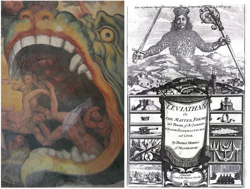 Leviathan in the fresco "The Last Judgment" (vo:Giudizio Universale), particular; painted by Giacomo Rossignolo (1524-1604) - Madonna dei Boschi, Boves (CN), Italy/Frontispice du Léviathan de Thomas Hobbes, 1651