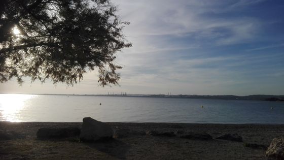 Entre Vitrolles et Marignane, l'étang de Berre : plages magnifiques avec au loin, les cheminées des usines pétro-chimiques. La pollution industrielle, défi majeur de cette circonscription, est elle aussi au second plan de la lutte politique ©Radio France - Christine Moncla