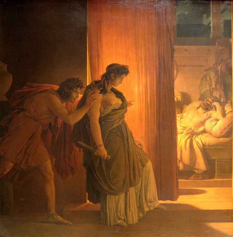 Clytemnestre hésitant avant de frapper Agamemnon endormi, Egisthe, son complice, la pousse" (1817)