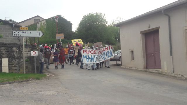 Les opposants du projet de l'ANDRA à Mandres-en-Barrois mobilisés dans les rues du village le jour du vote du conseil municipal