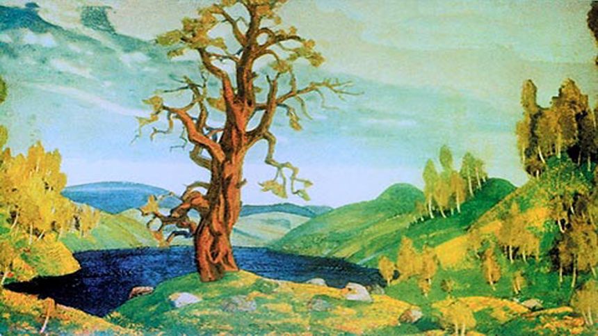 Décor de "L'Adoration de la Terre" (première partie du Sacre) par Nicolas Roerich, peintre, décorateur et costumier des Ballets russes.