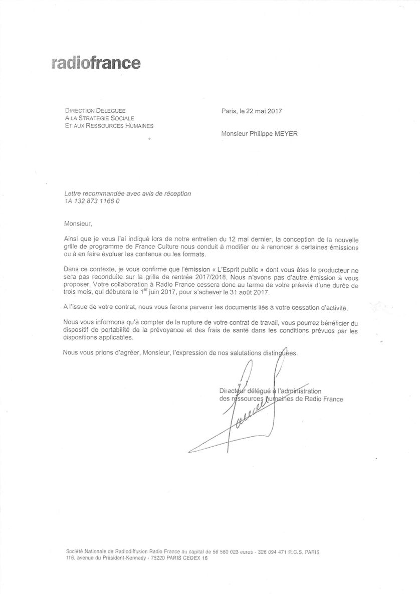 Lettre annonçant la fin de l'Esprit Public et le licenciement de son producteur