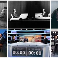 6 débats présidentiels: Giscard d’Estaing/Mitterrand en 1974 et 1981 ; Chirac/Mitterrand en 1988 ; Jospin/Chirac en 1995 ; Royal/Sarkozy en 2007 ; Hollande/Sarkozy en 2012 (de g. à d. et de h. en b.).