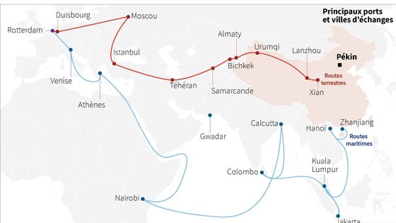 Itinéraire du projet chinois de relancer les routes de la soie, terrestres et maritimes, à l'ère de la mondialisation ©AFP - LAURENCE CHU