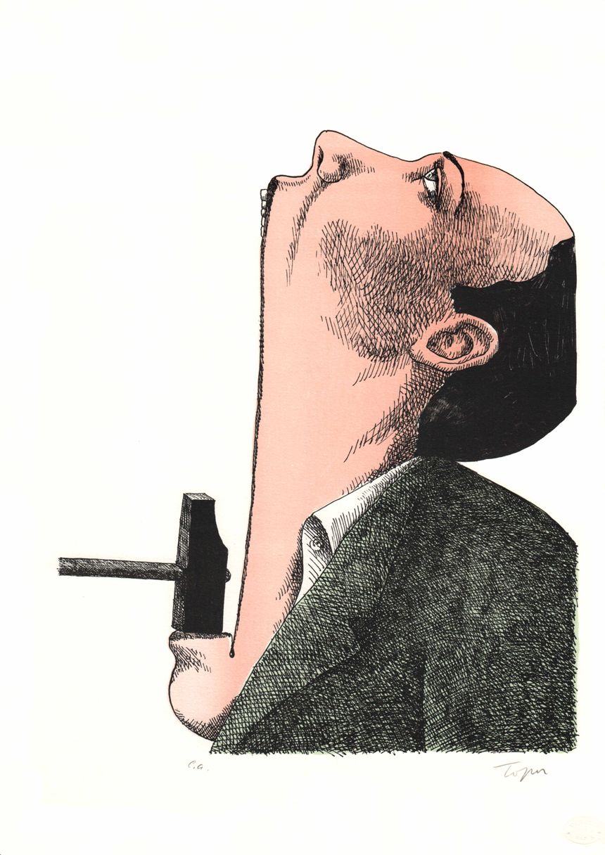 Roland Topor, "Marteau pilon poil au menton", Planche extraite de l’album "Cosy Corner", éditions Atelier Clot, 1972, Lithographie en couleur, 38 x 28 cm, BnF, Estampes et photographie
