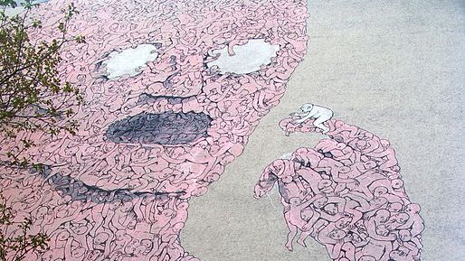 "The Pink Man" is a mural by the Italian street artist 'Blu'. Painted in 2007, it is at the western end of the Oberbaum Bridge in Kreuzberg. The five storey tall monster is made from lots of smaller humans, one of which he appears to be about to eat. - Wikicommons/Blu