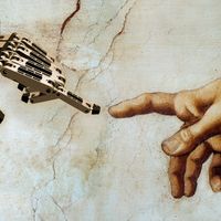Détournement de la fresque de Michel Ange où Dieu donne vie à un Adam robot
