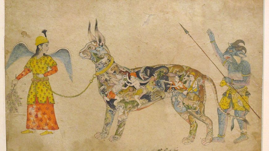 Pari (ou Peri) conduisant un animal composite d'inspiration persane. À droite : un démon1 ? Peinture râjput. XIXe siècle ? Bhopal Archaeological Museum