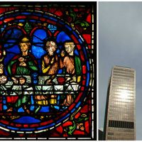 Détail du vitrail dit Notre-Dame de la Belle Verrière, une partie du 13ème siècle, dans la Cathédrale Notre-Dame de Chartres. Ce médaillon est la partie centrale d'une section relatant les Noces de Cana./ Sears Tower au centre à Chicago