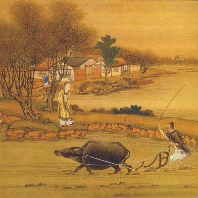 le buffle : anonyme, En costume de paysan, l'empereur Yongzheng laboure un champ de rizière