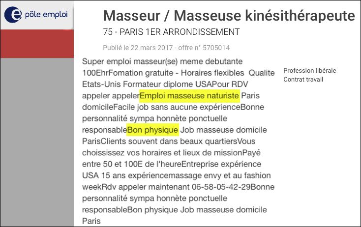 Annonce de masseuse qui était en ligne sur le site internet de Pôle Emploi