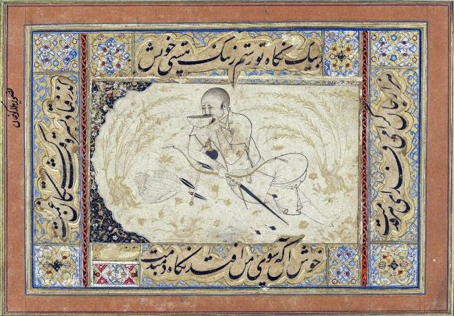 Dessin persan (début du 16ème siècle) représentant Hülegü Khan se désaltérant . Conservé au British Museum