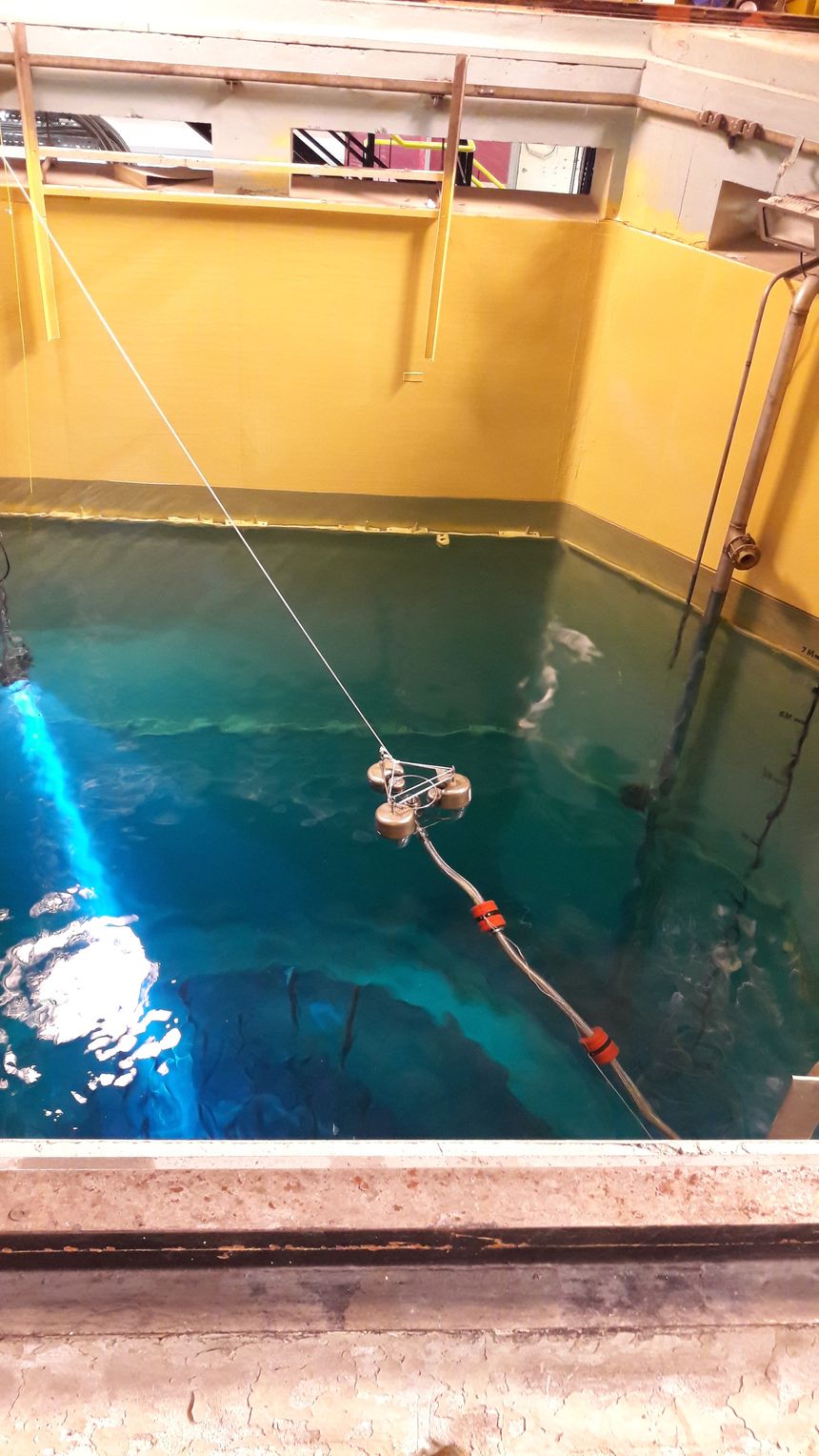 Pour limiter l’exposition aux radiations, l’opération se fera sous eau dans une piscine de dix mètres de profondeur, en bas une grappe de barres de métal hérisses. Leur découpe doit s’étaler jusqu’en 2022.