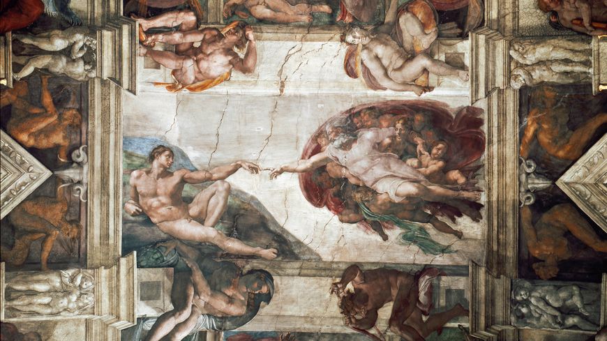 "La création d'Adam", Détail d'une voute de la chapelle Sixtine, Fresque de Michel Ange