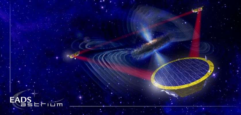 La constellation du LISA (Laser Interferometer Space Antenna) : 3 satellites ultra-stables équipés de lasers, en triangle, à 2,5 millions de km l'un de l'autre : les variations de leur distance permet de mesurer les distorsions de l'espace-temps