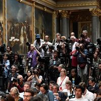 Journalistes à Versailles le 29 mai 2017, à l'occasion de la conférence de presse commune d'Emmanuel Macron et Vladimir Poutine